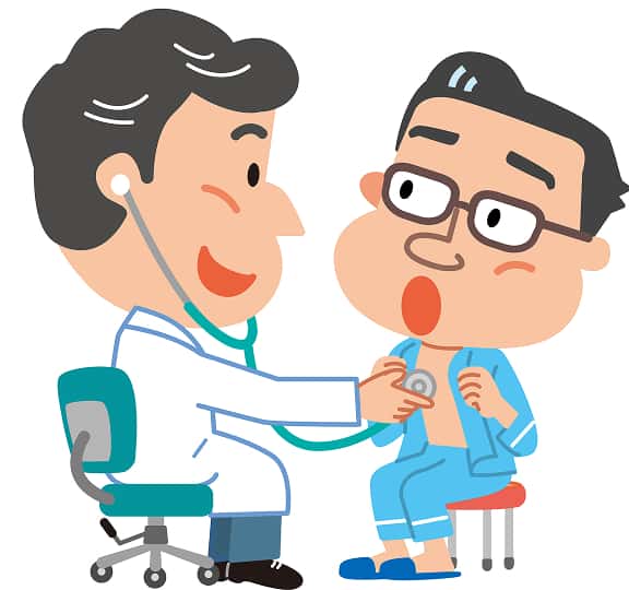 医師が患者の胸に聴診器をあてているイラスト