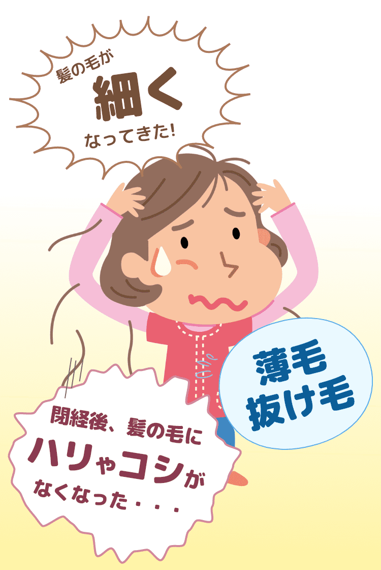 薄毛・抜け毛 髪の毛が細くなってきた！ 閉経後、髪の毛にハリやコシがなくなった・・・