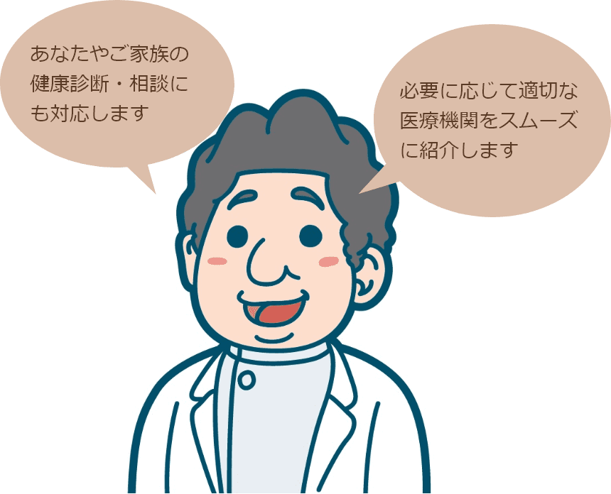 あなたやご家族の健康診断・相談にも対応します。必要に応じて適切な医療機関をスムーズに紹介します。